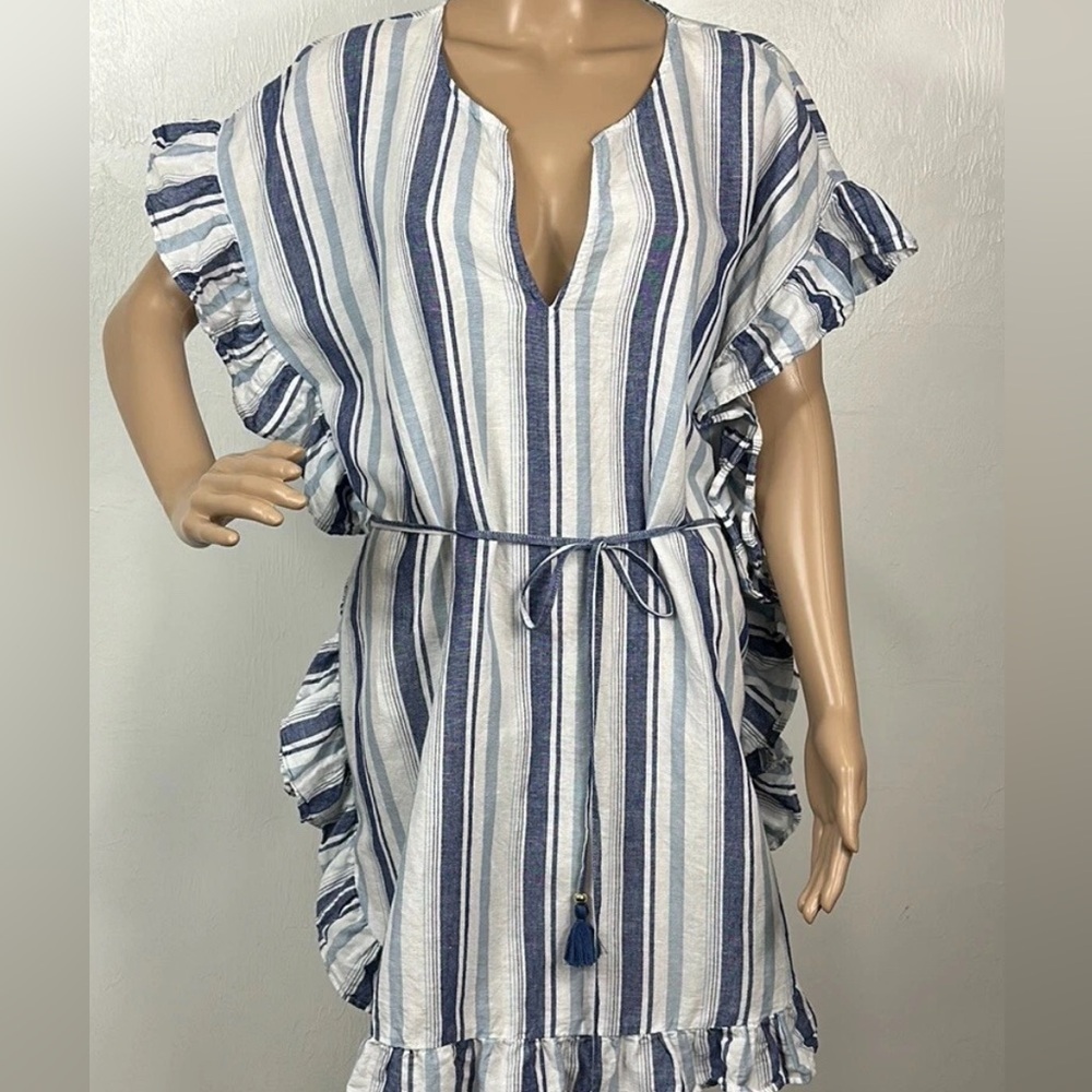 J. Crew White And Blue Stripes Linen Cotton Side-Ruffle Tunic Dress Size M